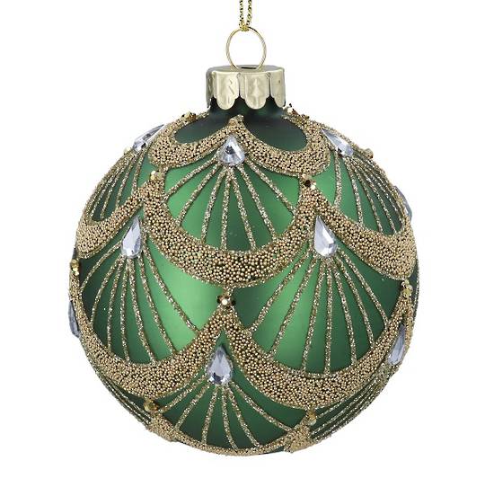 INDENT - Pack 12, Glass Ball Matt Green, Gold Swags 8cm